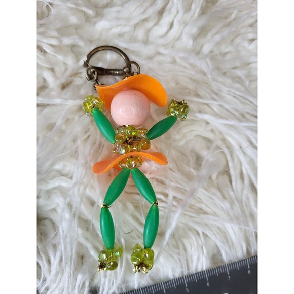 Kitsch Keychain Beaded Lady vintage reproduction wooden face painted charm - Picture 2 of 3